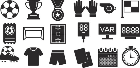 Solid Black Soccer Icons Set – Football Match Symbols, Equipment & Game Elements in Vector Style