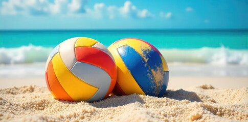 Obraz premium Two beach volleyballs rest on sun-drenched sand, ocean waves gently lapping the shore in the background Perfect for summer, vacation, and sport themes , sky, warm, relaxation