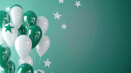 Celebration of Pakistan independence day with green and white balloons on starry background. Horizontal banner. Copy space. Balloons in colors of flag of Pakistan