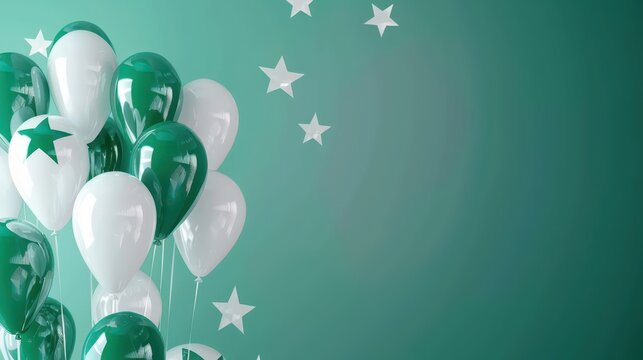 Celebration of Pakistan independence day with green and white balloons on starry background. Horizontal banner. Copy space. Balloons in colors of flag of Pakistan