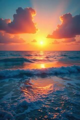 Vibrant sunrise over a tranquil ocean scene, evoking feelings of serenity and peaceful wellbeing Perfect for wellness, mindfulness, and relaxation themes , ocean, horizon, yellow