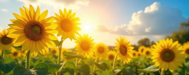 Fototapeta premium Vibrant sunflowers bask in the warm glow of summer sunshine, their golden petals reaching towards the sky A picturesque scene of nature's beauty and radiant energy , bright yellow, rural, golden hour