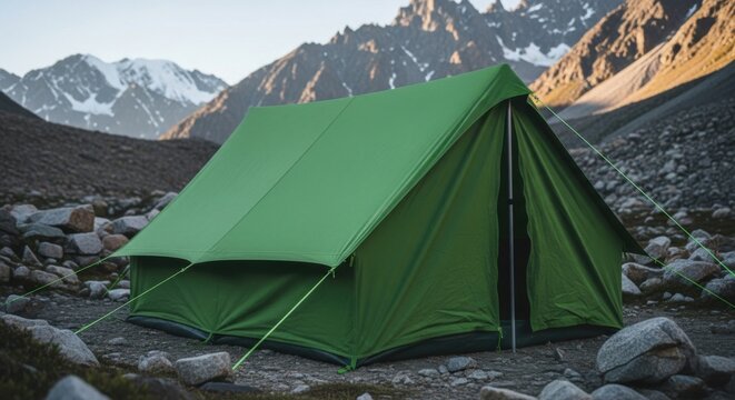 A sturdy green camping tent is pitched in a rocky mountain landscape under a clear sky