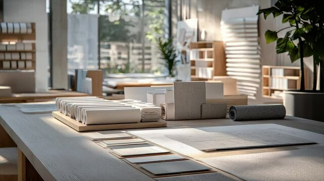 Sunlit minimalist interior showcasing design samples on a light wood table