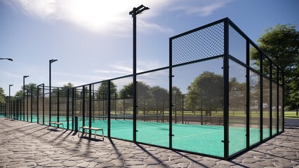 visualization of the corner of the padel court with turquoise color and bench on the side