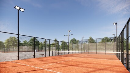 Eye level Closeup Padel courts with Terracotta floor, metal structure and glass walls