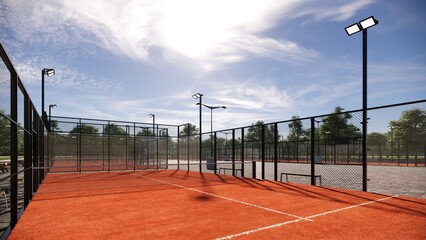 Closeup Padel courts with Terracotta surface, metal structure and glass walls. Sports concept