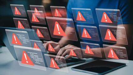 Cyber Security Alert: Man working on laptop with warning messages - Powered by Adobe