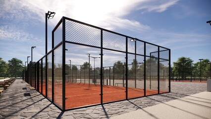 Corner view Padel courts with Terracotta surface, metal structure and glass walls. Closeup Sports concept