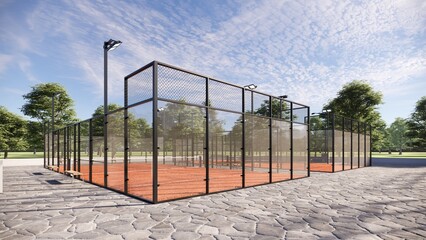 Padel courts with Terracotta flooring and glass walls. Closeup Sports concept