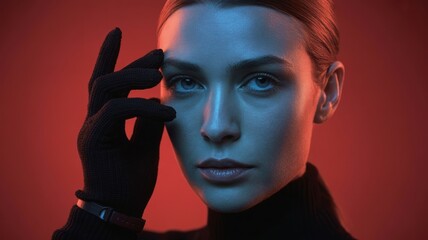 Caucasian female with gloves in dramatic red and blue lighting portrait