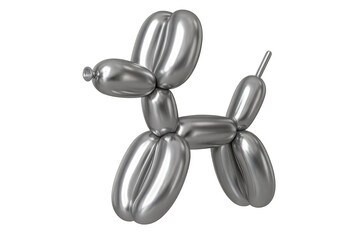 Metallic silver balloon dog floating weightlessly, representing playful celebration design against clean transparent backdrop