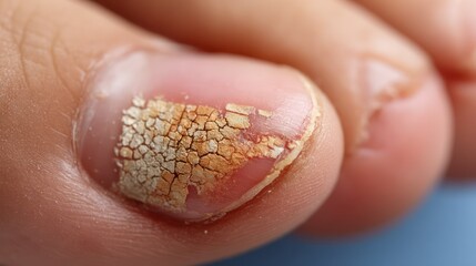 A close-up view showing the effects of a fungal infection on a human toenail condition