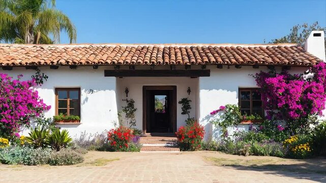 Whitewashed adobe house with terracotta roof, vibrant bougainvillea, and brick pathway