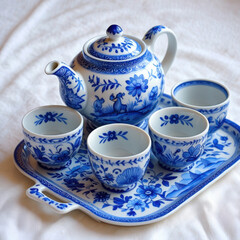 Blue Porcelain Tea Set with Tea Party, and Tableware.