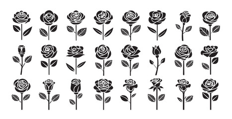 Collection of various rose flower silhouettes with stems and leaves