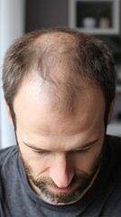 Obraz premium A man's head showcasing thinning hair, viewed from above with neutral background, natural lighting