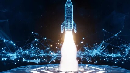 A digital rocket launches amid a network of blue glowing nodes and lines Bright light emits from beneath the rocket and shattered blocks float in the air - Powered by Adobe