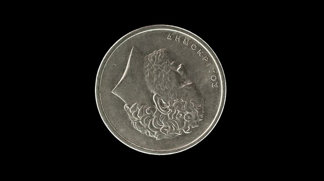 Greece 1976 10 drachma coin obverse with left-facing portrait of Democritus rotating on black background