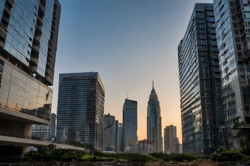 Skyline view of a modern city with tall skyscrapers at sunset, showcasing urban architecture

