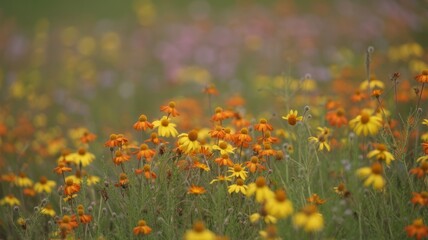 Obraz premium Vibrant wildflower meadow with orange and yellow blooms in springtime