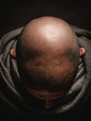 Fototapeta premium A top-down perspective of a bald head with a hooded garment, a study in textures and light and
