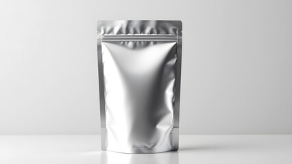 Shining Packaging: A captivating close-up shot of a sleek, silver stand-up pouch, showcasing modern product presentation and packaging design with clean lines and reflective surfaces.