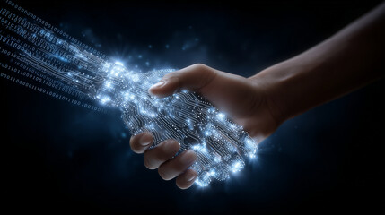 A robotic hand made of digital code shaking hands with a human, set against a holographic wall of binary numbers, symbolizing the merging of human intelligence and machine learning