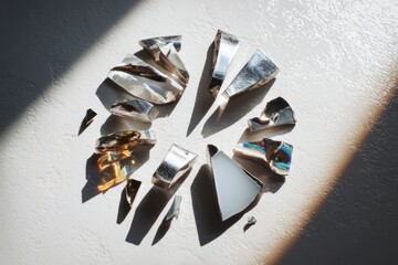 Fragmented metallic shards and light interplay: An artistic composition on a textured surface.