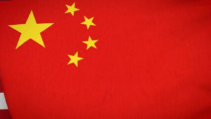 Realistic 4K animation of China and United States flags waving side by side symbolizing geopolitical tension, trade war, and international relations between the two global superpowers in a seamless fl