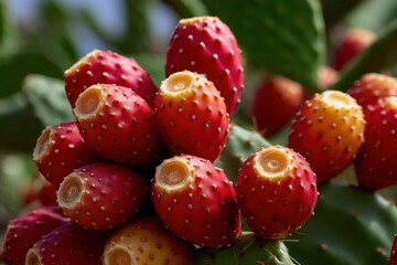 A cluster of prickly pears ripe and red speckled with tiny dots growing on a cactus pad