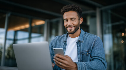Modern work setup with a man authenticating his login on a smartphone while interacting with a web portal on a laptop, showcasing secure digital connectivity digital authentication