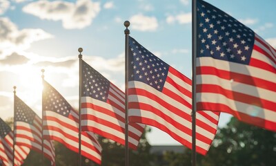 American flags waving in the sunlight patriotism and freedom symbol