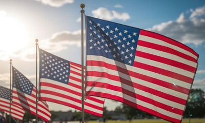 American flags waving in sunlight patriotic image for national holidays