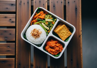 Colorful Indonesian bento with rice, tempeh, veggies, and sambal—perfect for healthy food ads, culinary blogs, or packaging design.