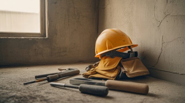 Construction tools and safety gear in unfinished room with natural light