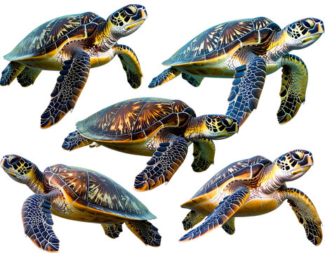 Set of Sea Turtles in Different Swimming Poses, mid-motion sequence, isolated on transparent background