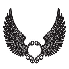 Elegant black and white vector illustration of angel wings in vintage art silhouette