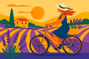 Fototapeta premium Woman Cycling Through Lavender Fields in Provence at Sunset, AI generated