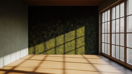 Empty room with moss-covered wall and large window.