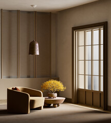 Serene minimalist living room with earthy tones. 3D illustration