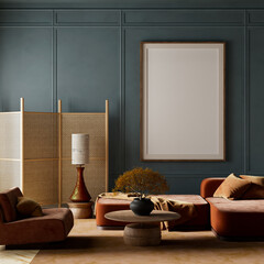 A harmonious blend of modern design and warm earthy elements in a stylish living room. 3D illustration