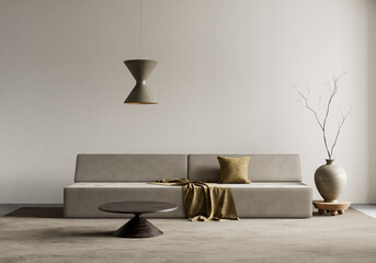 Natural living room harmony with modern minimalist touch. 3D illustration