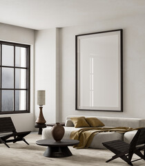 Serene living room with sculptural decor and earthy tones. 3D illustration