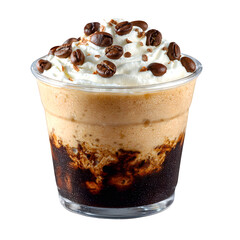 Delicious iced coffee drink with whipped cream and coffee beans isolated on transparent background