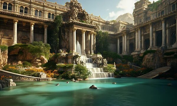 Serene GrecoRoman palace garden with waterfall