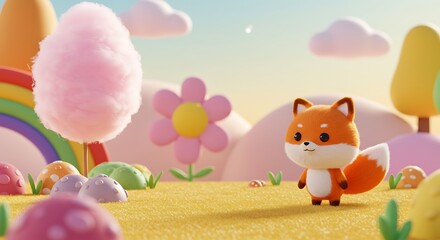 Fototapeta premium 3d cute cartoon, whimsical landscape with bright colors, playful fox on the right, leaving ample copy space on the left.