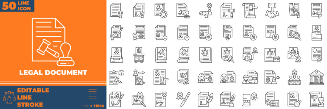 Legal Document Line Editable Icons set. Vector illustration in modern thin line style of legal document icons: contract, agreement, passport, etc