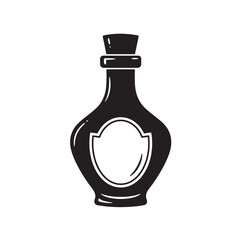 Elegant vintage art silhouette of a decorative bottle with cork stopper and empty label