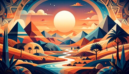 Obraz premium Geometric Desert Oasis at Sunset: A Vibrant, Stylized Landscape